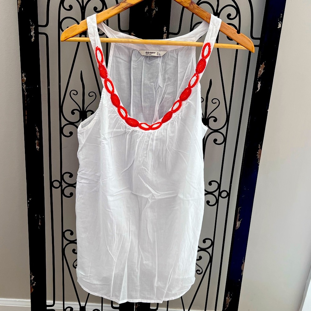 Beaded detailed neckline white racerback cotton sleeveless top